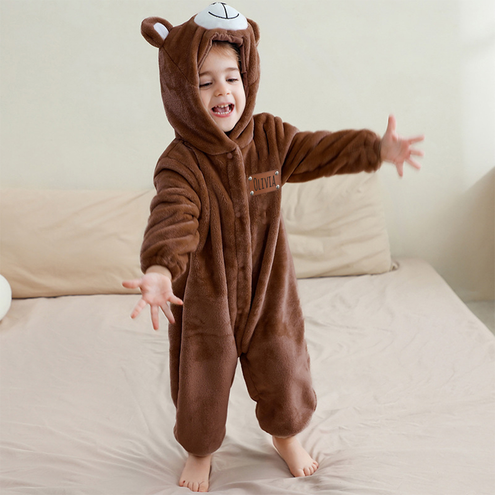 Personalized Leather Patch Baby Lovely Bear Animal Romper | CWBaby288
