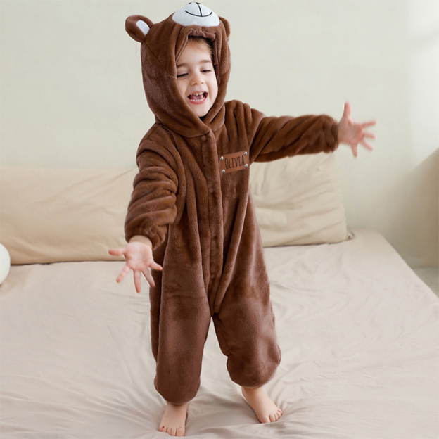 Personalized Leather Patch Baby Lovely Bear Animal Romper | CWBaby288