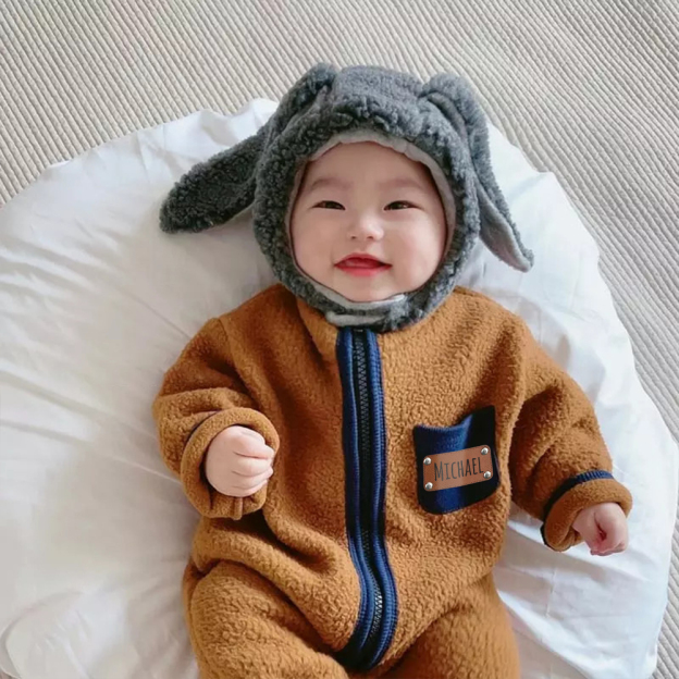 Personalized Leather Patch Baby Soft Sherpa Jumpsuit | CWBaby290