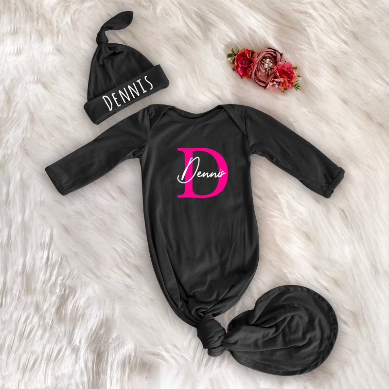 Personalized Cozy Newborn Gown with Knotted Hat | CWbaby33
