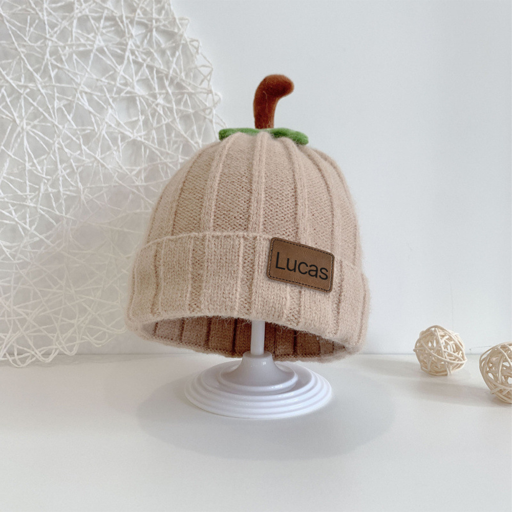 Personalized Leather Patch Pumpkin Wool Beanie | CWHalloween46