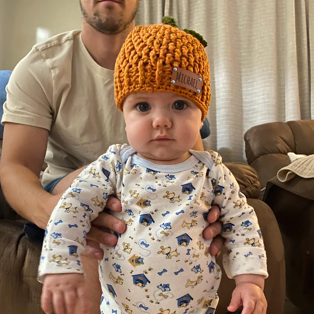 Personalized Leather Patch Pumpkin Wool Beanie | CWHalloween72