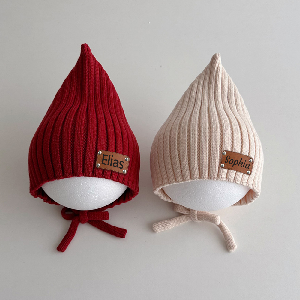Personalized Leather Patch Knit Pixie Hats | HSKid58