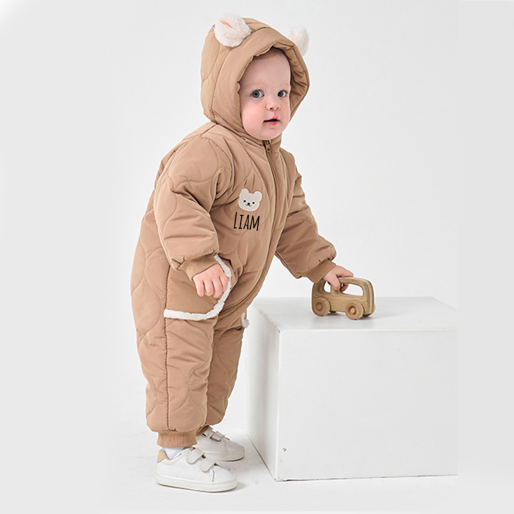 Personalized Long Sleeve Winter Hooded Puffer Romper | CWBaby308