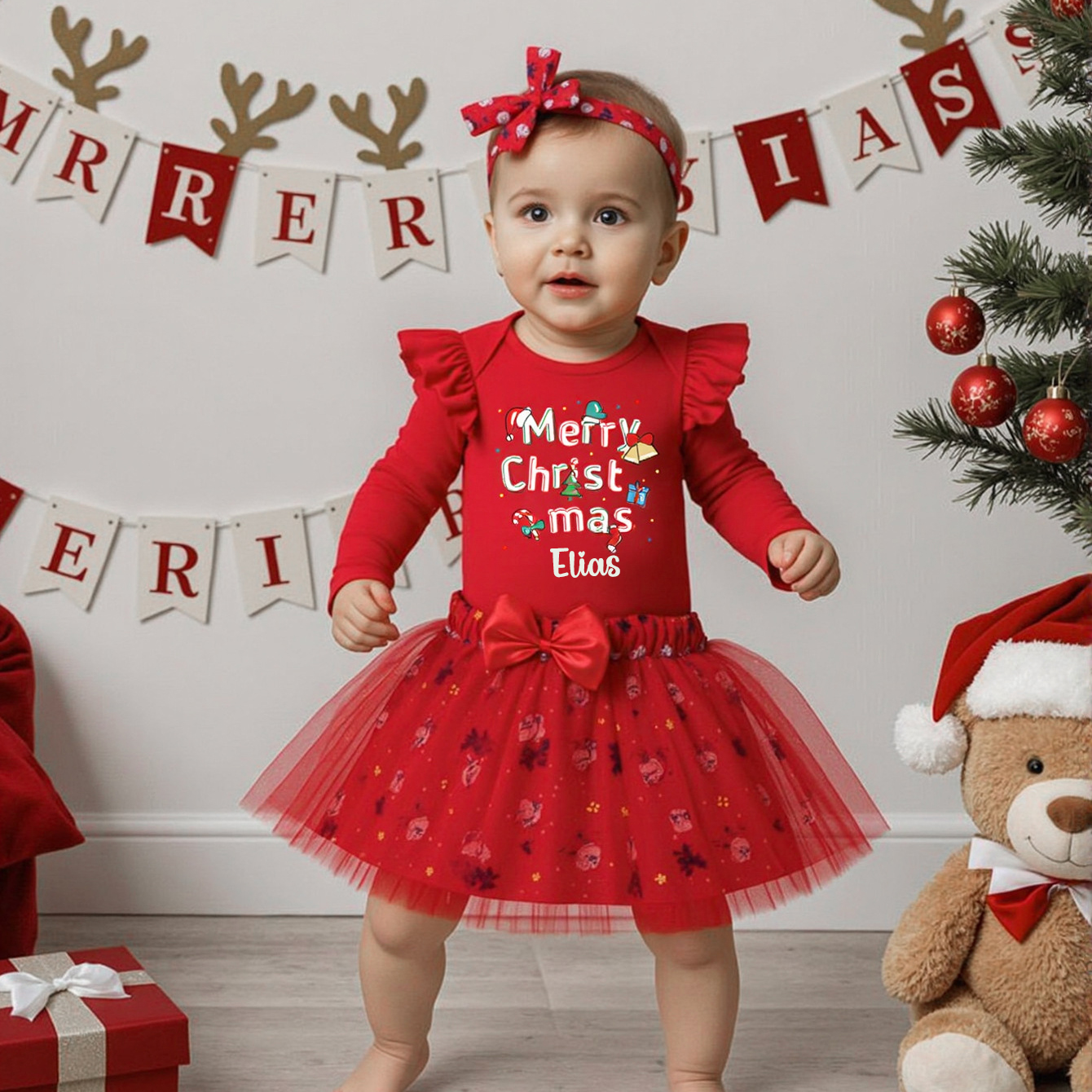 Personalized Baby Girl Christmas Tutu Romper with Bow | MCGift171