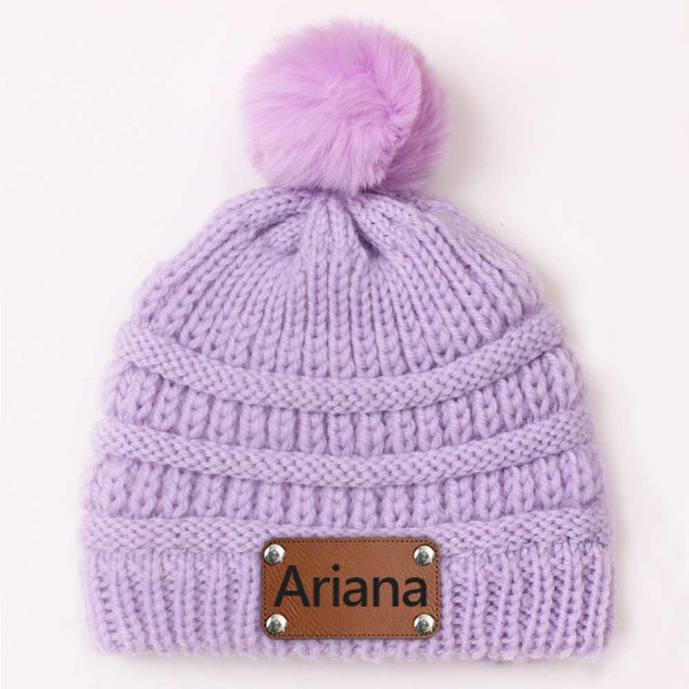 Personalized Leather Patch Kid Colorful Pom Pom Hat | HSKid63