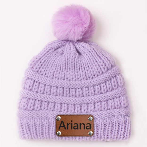 Personalized Leather Patch Kid Colorful Pom Pom Hat | HSKid63