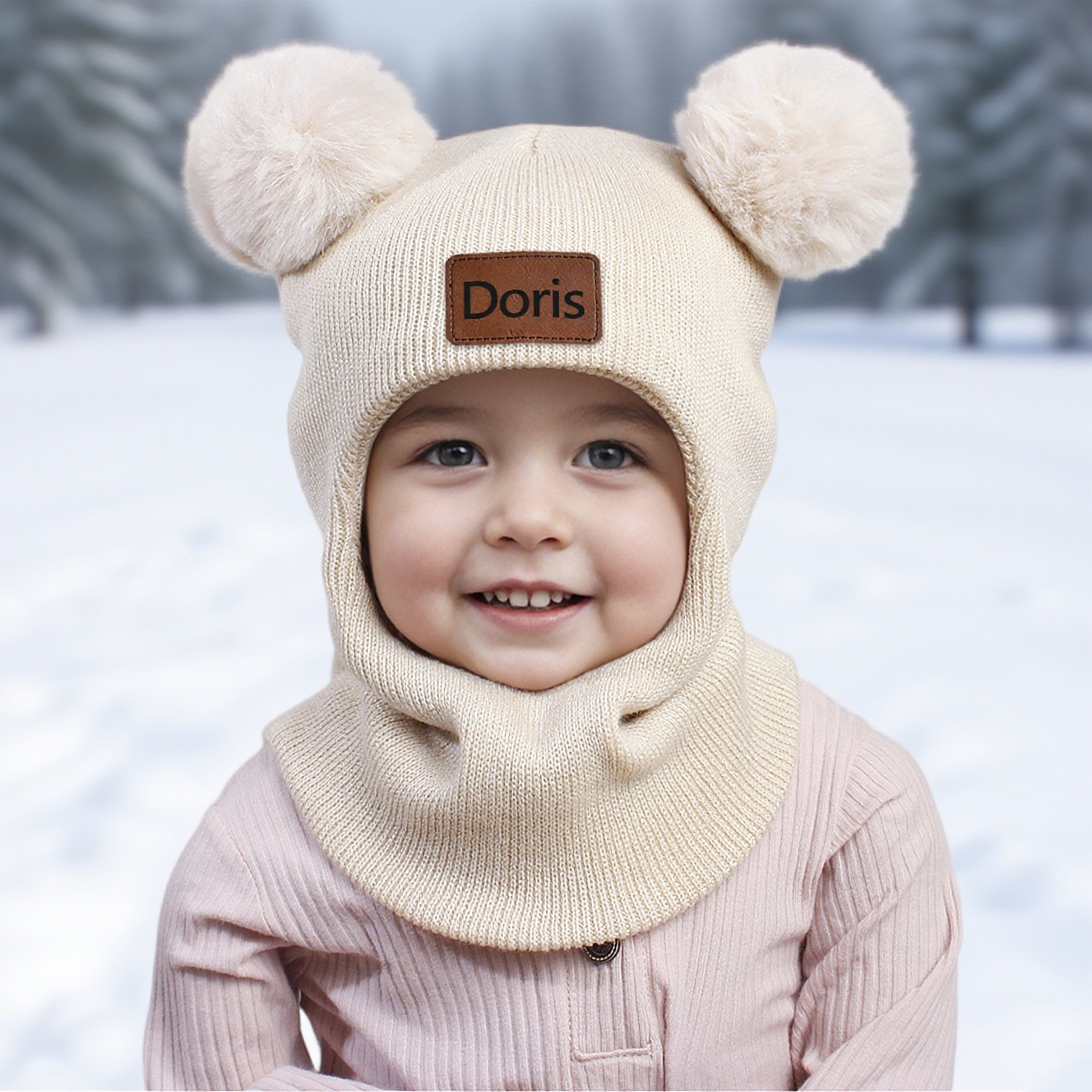 Personalized Kid Winter Warm Knitted PomPom Hat Scarf | HSKid64