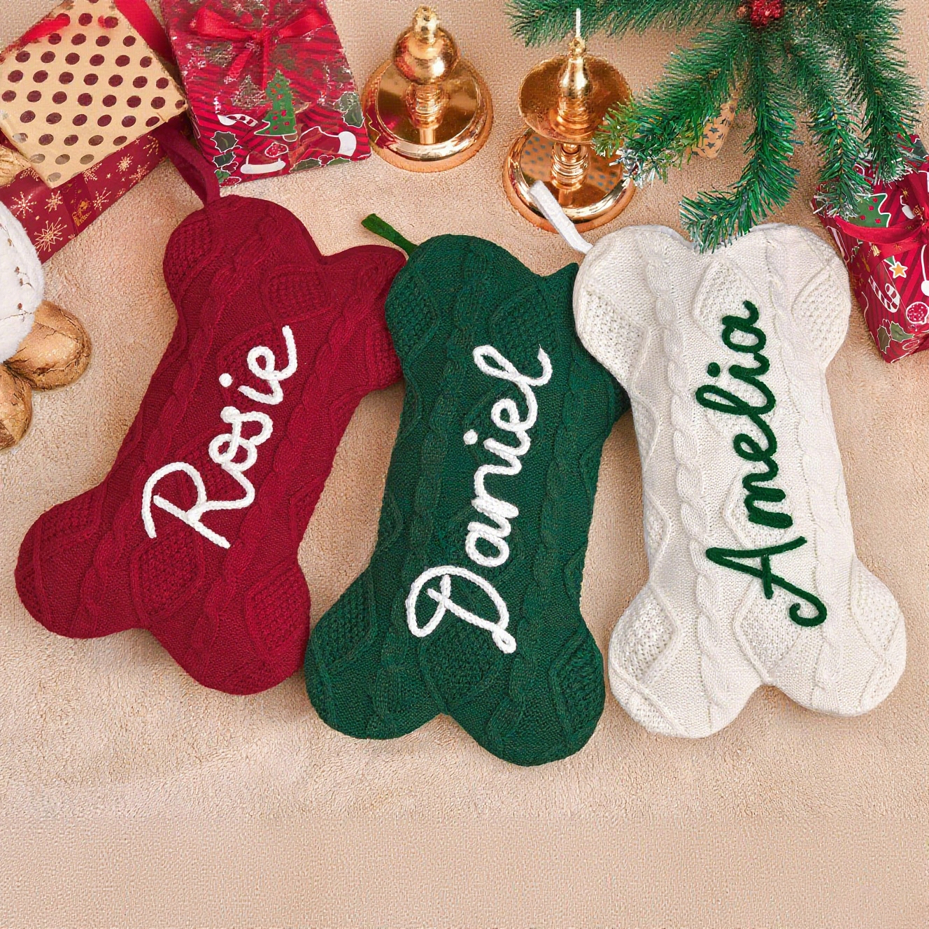 Personalized Hand-embroidery Dog Bone Christmas Stocking | MCGift177