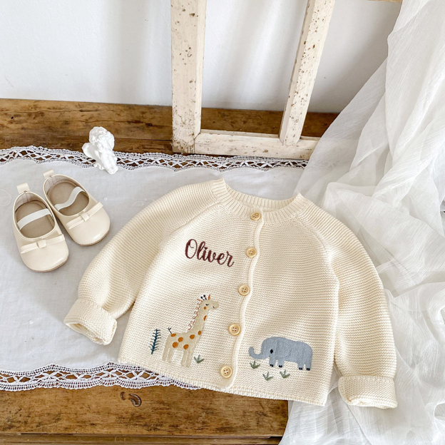 Personalized Baby Hand Embroidered Animal Cardigan| CWBaby324
