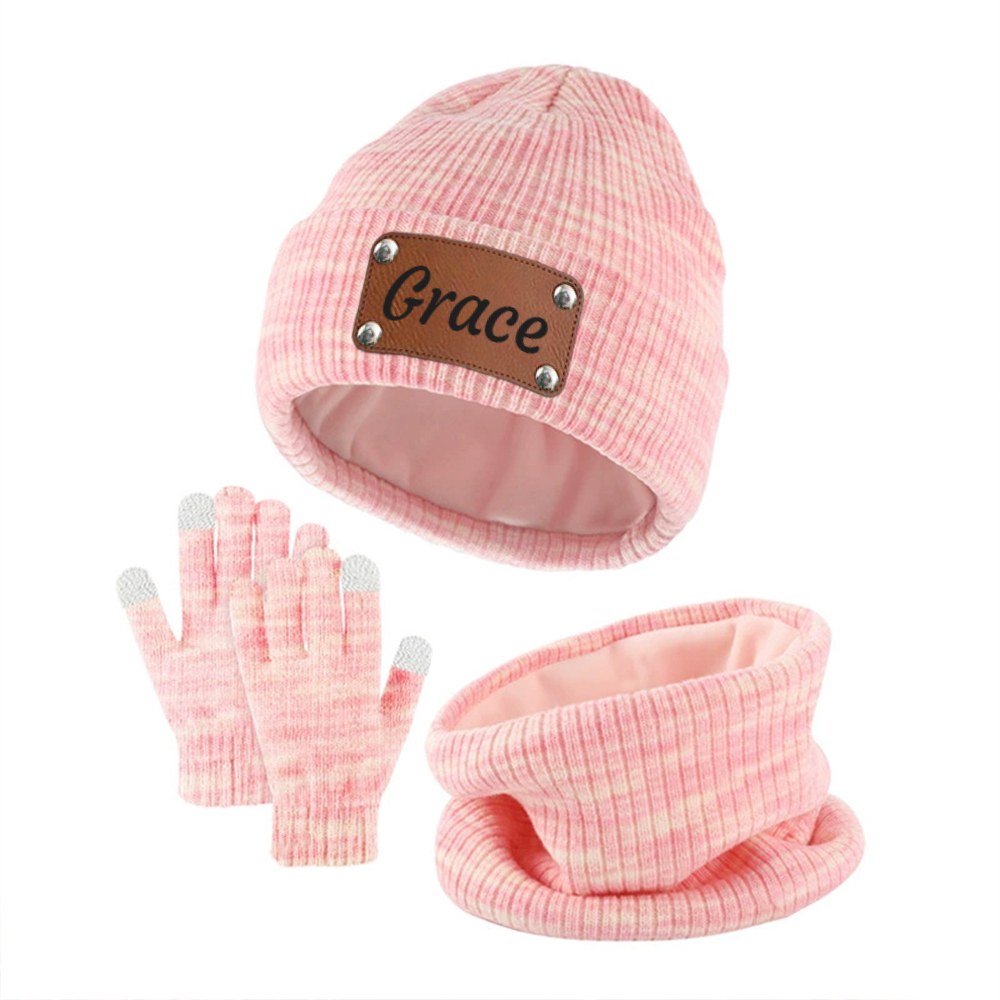 Personalized Leather Patch Kid Winter Hat Glove Scarf Set | HSKid69