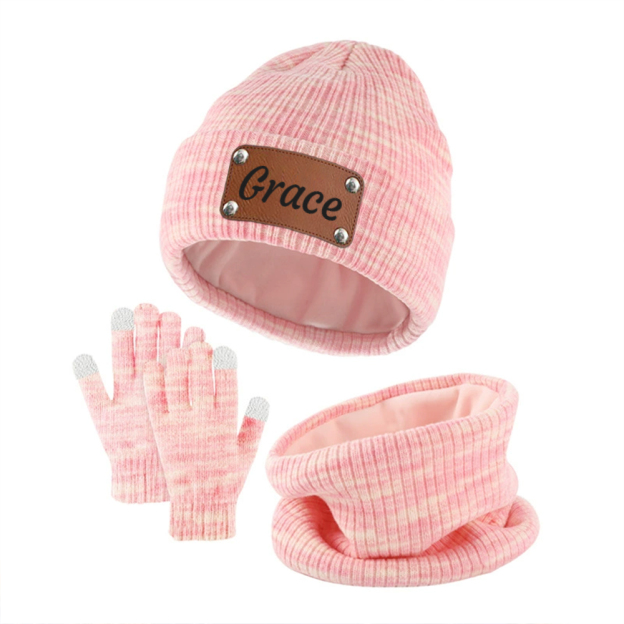 Personalized Leather Patch Kid Winter Hat Glove Scarf Set | HSKid69