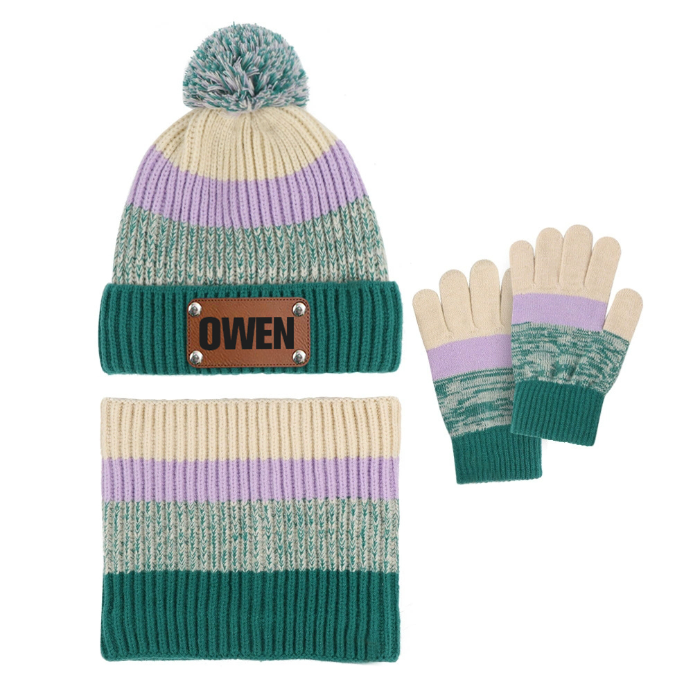 Personalized Leather Patch Kid Winter Hat Glove Scarf Set | HSKid70