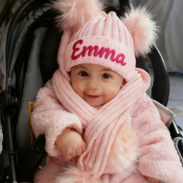 Personalized Hand Embroidery Kid Pom Pom Hat and Scarf | HSKid72
