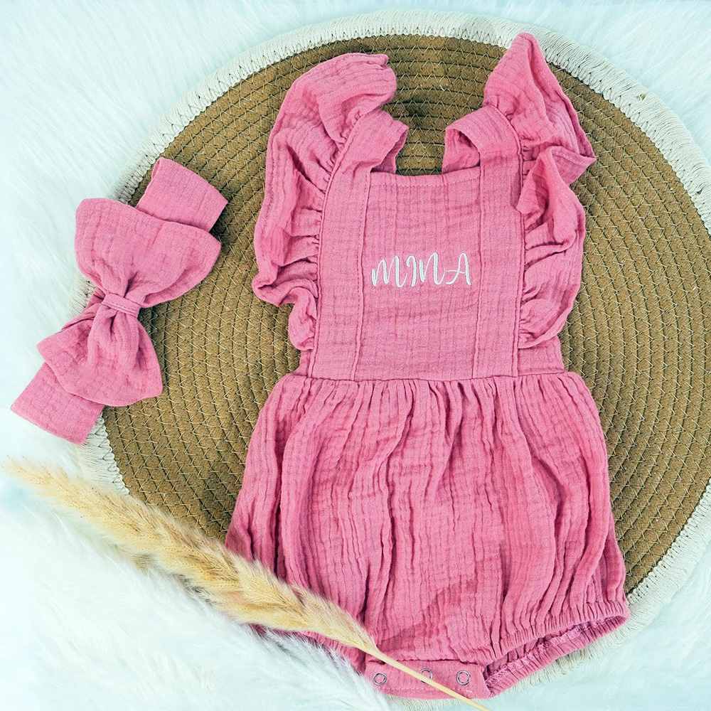 Personalized Embroidery Baby Organic Cotton Muslin Romper with Bow | inRomper35