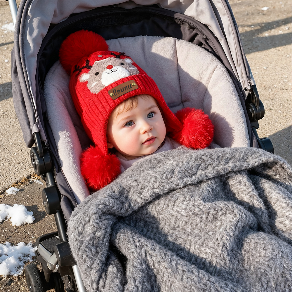 Personalized Leather Patch Adorable Elk Warm Winter Pom Pom Hat | HSKid77
