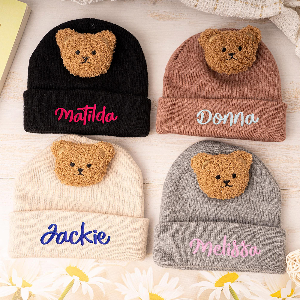 Personalized Embroidery Organic Cotton Baby Beanie with Teddy Bear | HSKid78