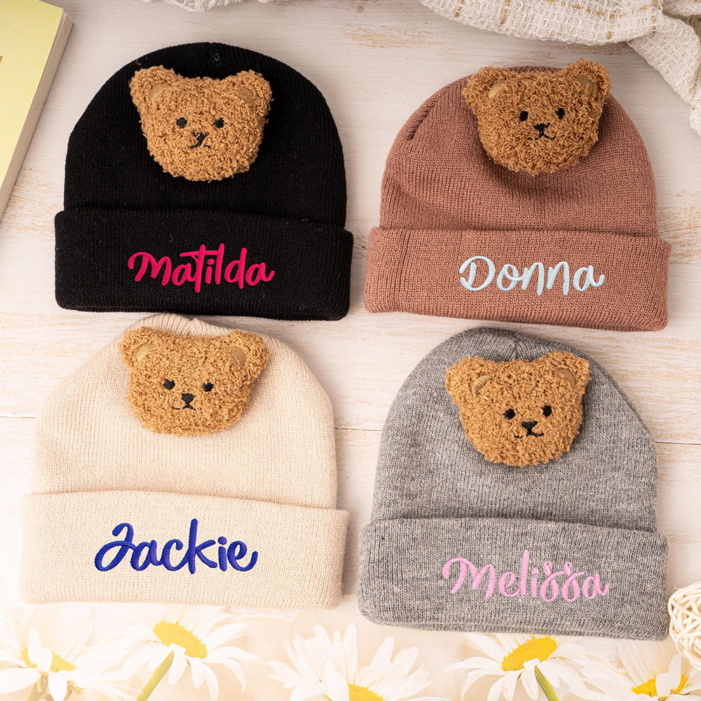 Personalized Embroidery Organic Cotton Baby Beanie with Teddy Bear | HSKid78