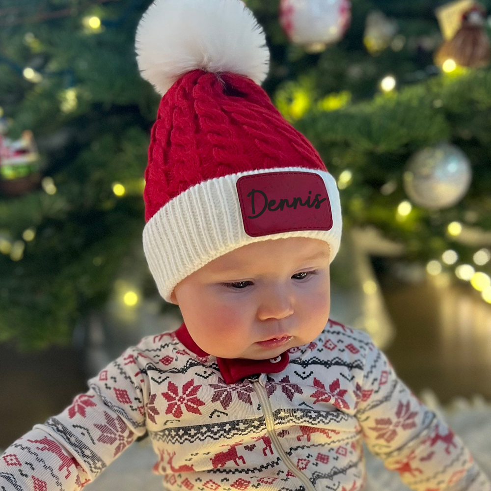 Personalized Leather Patch Christmas Pom Pom Hat | HSKid80