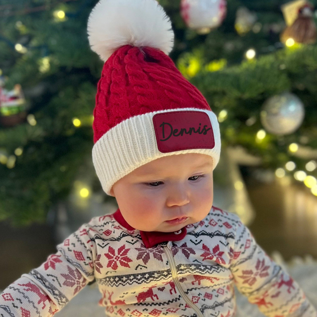 Personalized Leather Patch Christmas Pom Pom Hat | HSKid80
