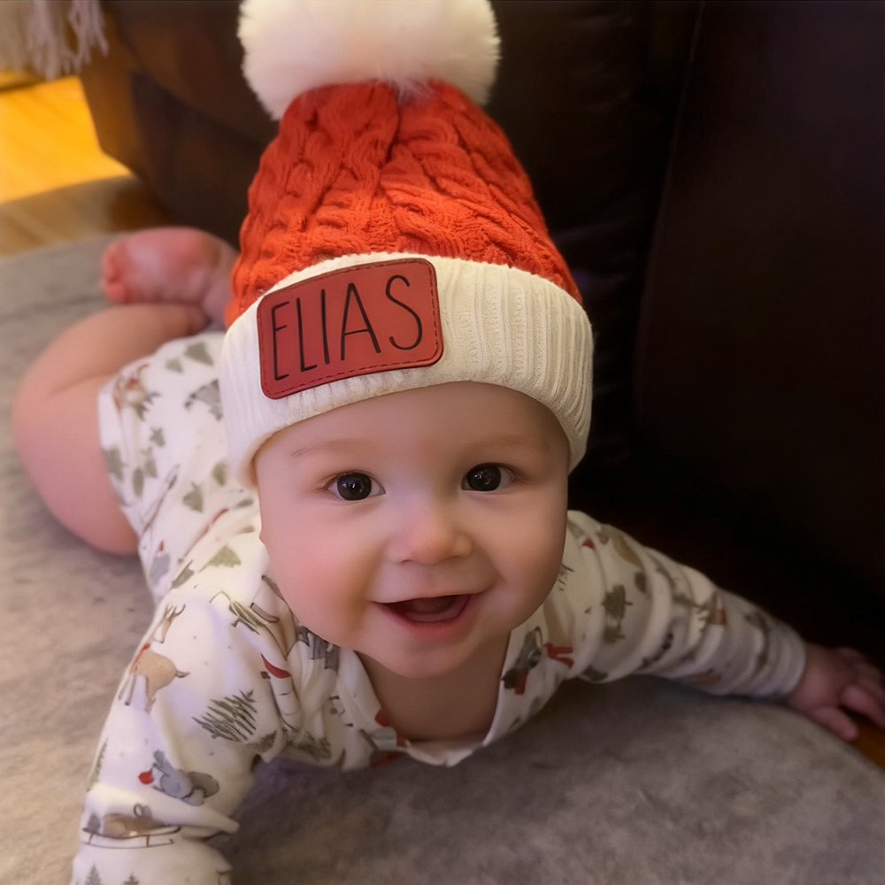 Personalized Leather Patch Christmas Pom Pom Hat | HSKid80