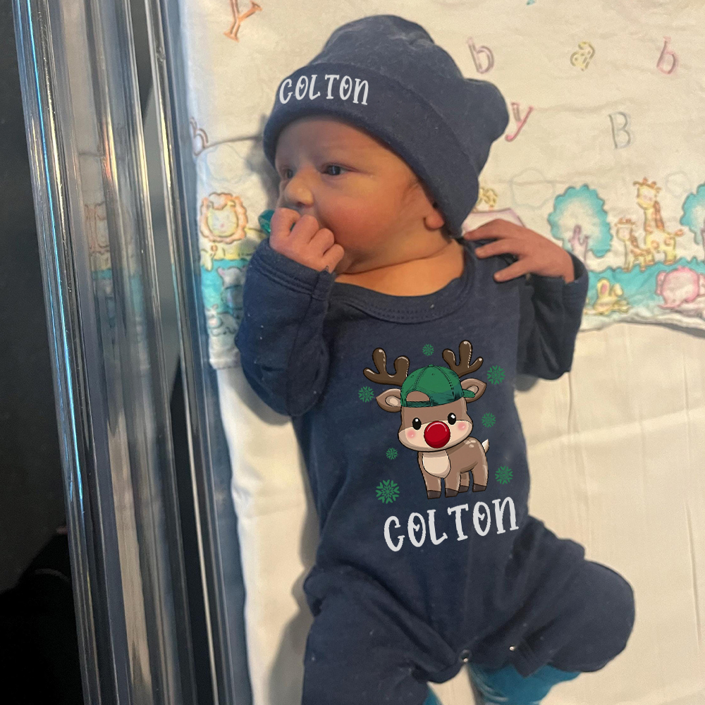 Personalized Baby Christmas Adorable Elk Romper and Hat Set | MCGift233