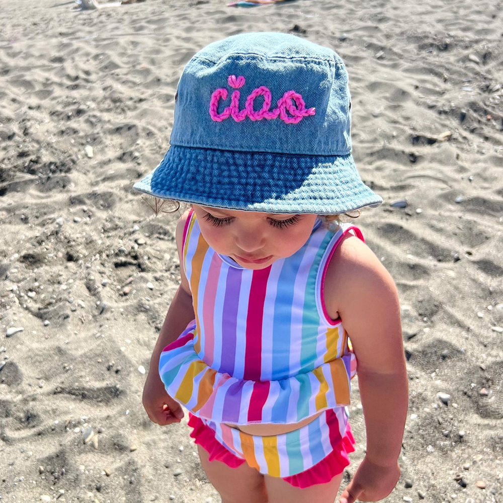 Personalized Baby Hand Embroidery Denim Bucket Hat | CWBeach205