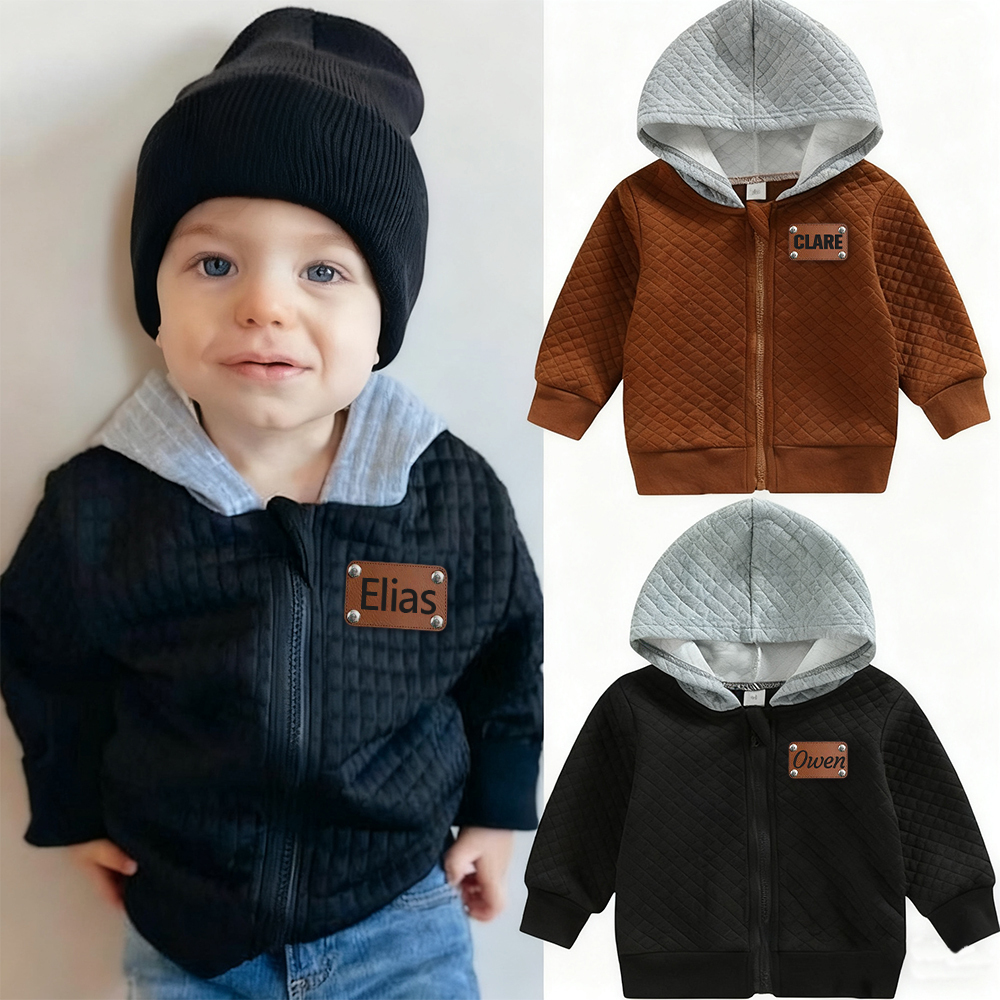 Personalized Leather Patch Toddler Plaid Lightweight Jacket | CWBaby358