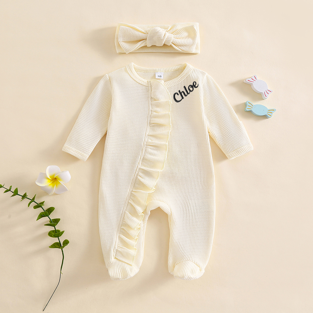 Personalized Newborn Embroidery Waffle Ruffled Romper With Bow | CWBaby426