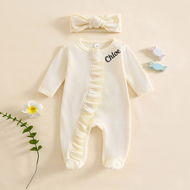 Personalized Newborn Embroidery Waffle Ruffled Romper With Bow | CWBaby426