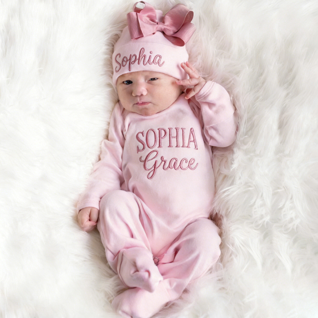 Personalized Embroidery Baby Girl Coming Home Romper and Hat Set | CWBaby458