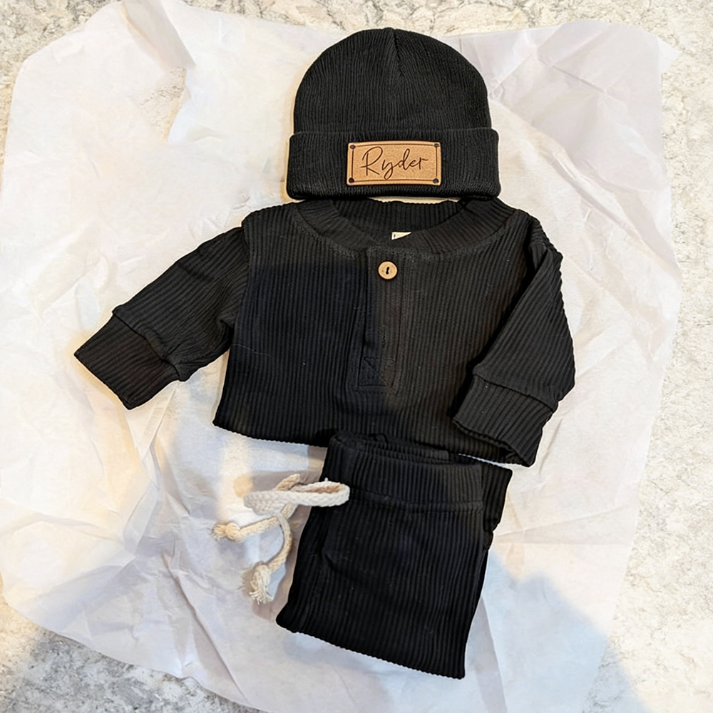 Personalized Leather Patch Baby Beanie Outfit Set | CWBaby84