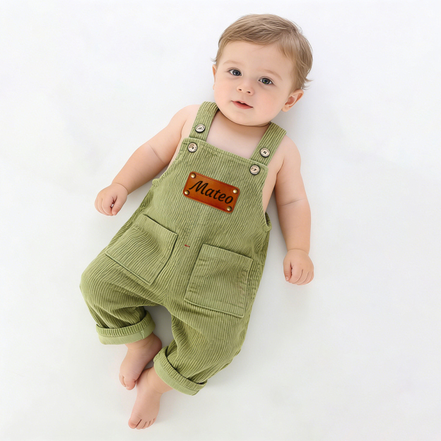 Personalized Leather Patch Corduroy Baby Suspenders Overalls | CWBaby468