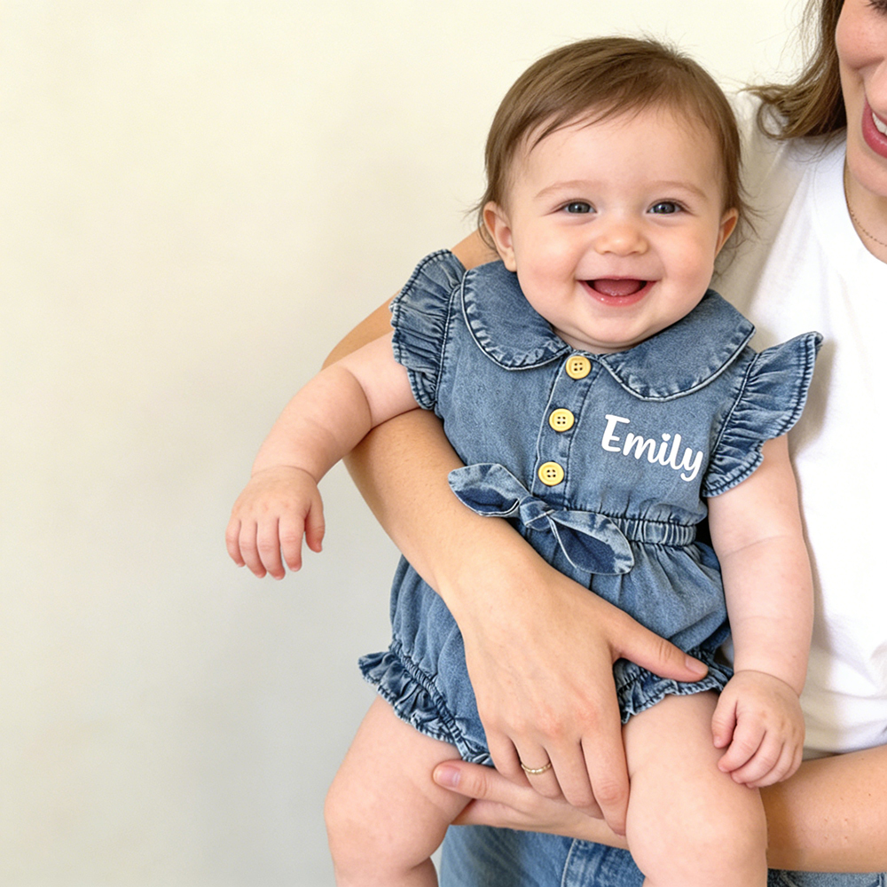 Personalized Baby Girl Elegance Denim Ruffled Romper | CWBaby476