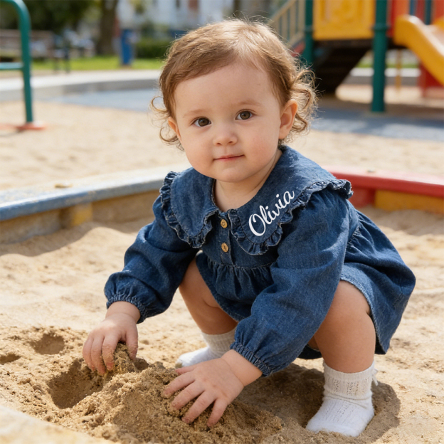 Personalized Baby Girl Vintage Puff Sleeves Denim Dress | CWBaby478