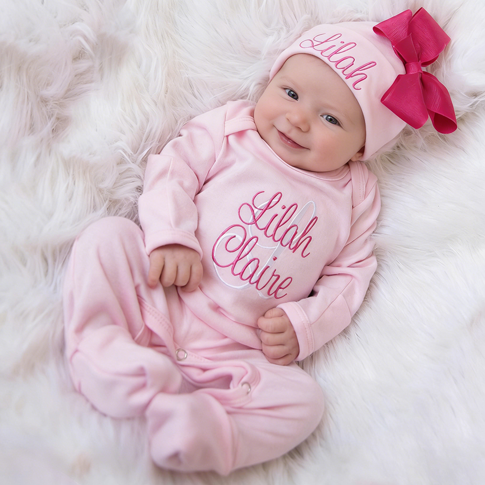 Personalized Embroidery Baby Girl Coming Home Romper and Hat Set | CWBaby479