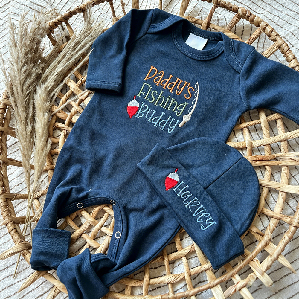 Personalized Embroidery Daddy's Fishing Buddy Romper and Hat Set | CWBaby481