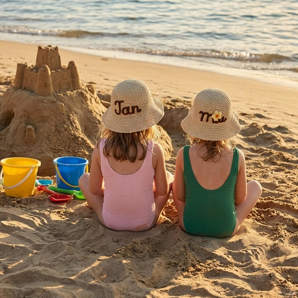 Personalized Hand Embroidered Straw Floppy Sun Hat | CWBeach163