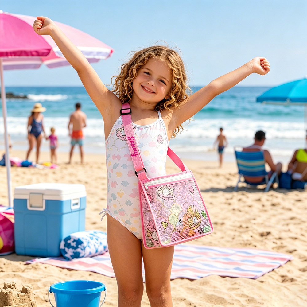 Personalized Embroidery Seashell Zipper Mesh Beach Bag | CWBeach109