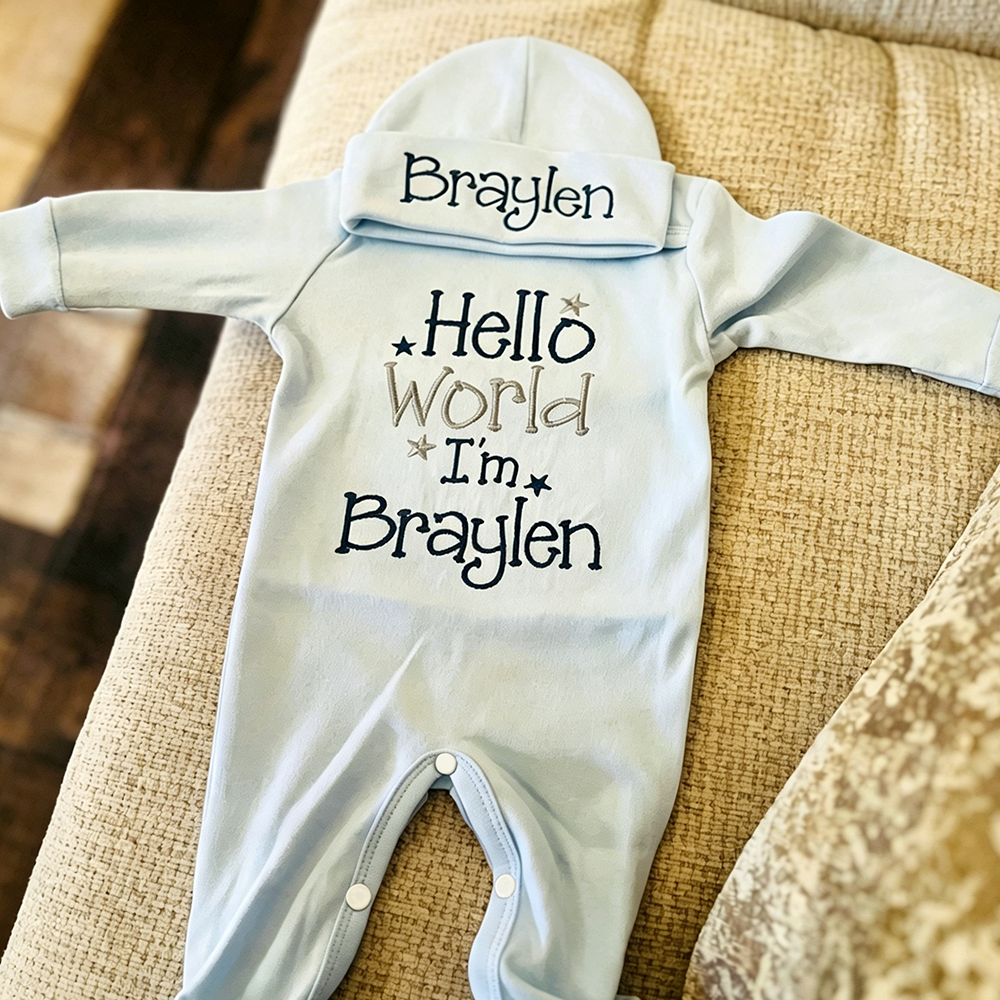 Personalized Embroidery Baby Hello World Outfit | CWBaby495