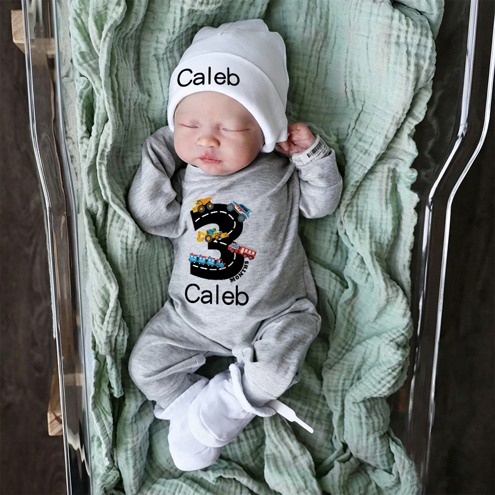 Personalized Baby Transportation Vehicle Romper With Hat Set | CWBaby497