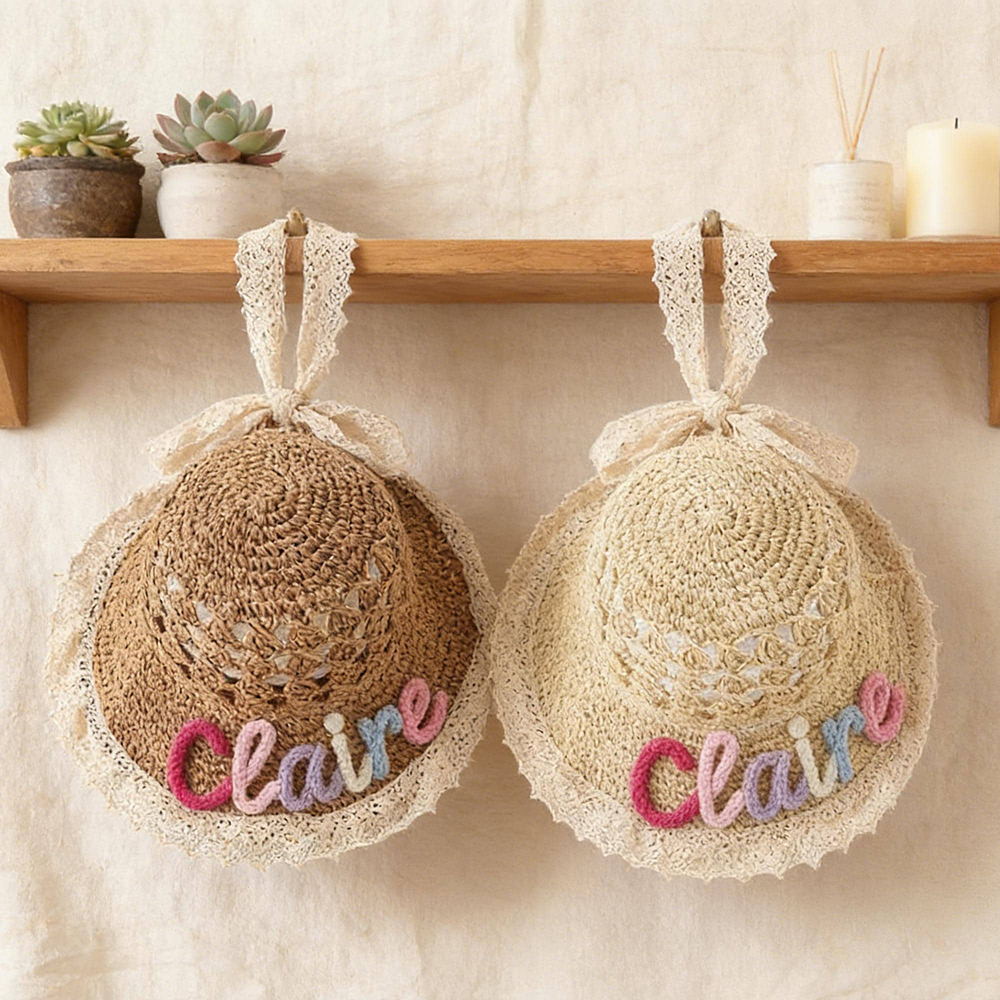 Personalized Hand Embroidered Crochet Straw Sun Hat | CWBeach248