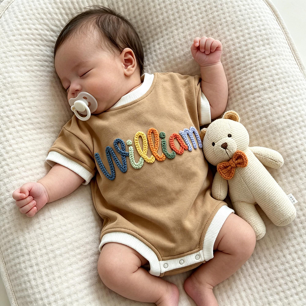 Personalized Hand Embroidered Short Sleeve Baby Bubble Romper | CWBaby503