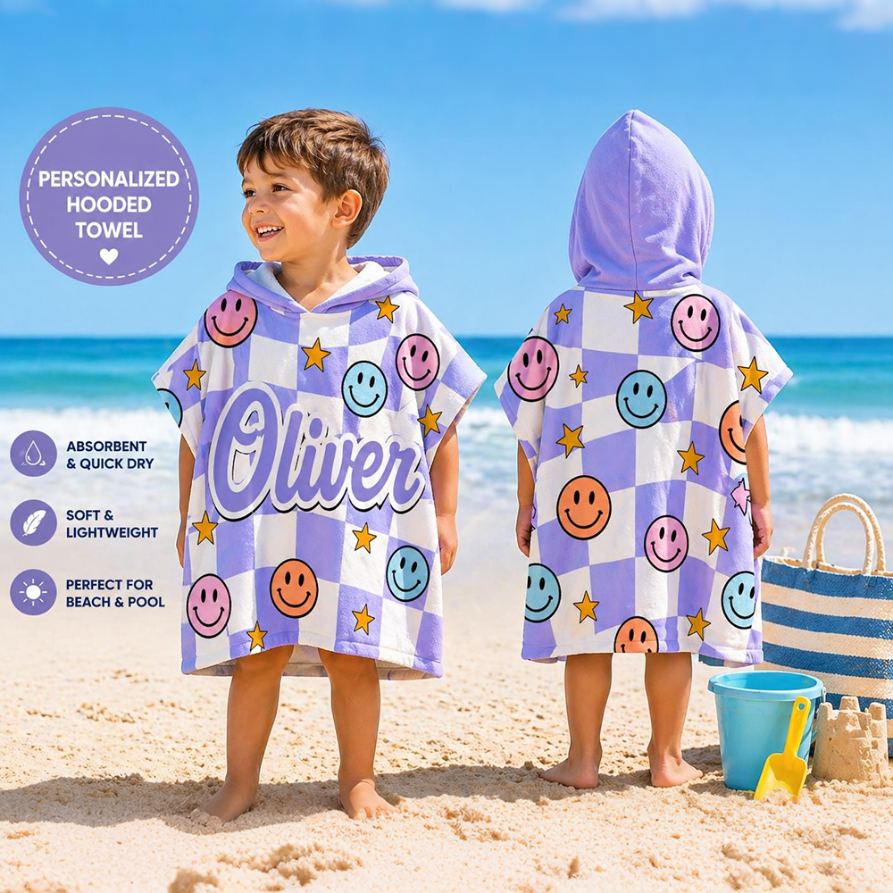 Personalized Checkered Smiley Kids Hooded Beach Towel for Summer & Beach | CWHTowel50