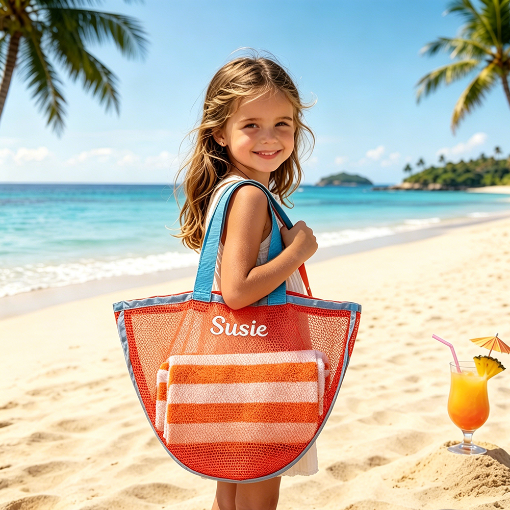 Personalized Embroidered Seashell Zipper Mesh Beach Bag | CWBeach249