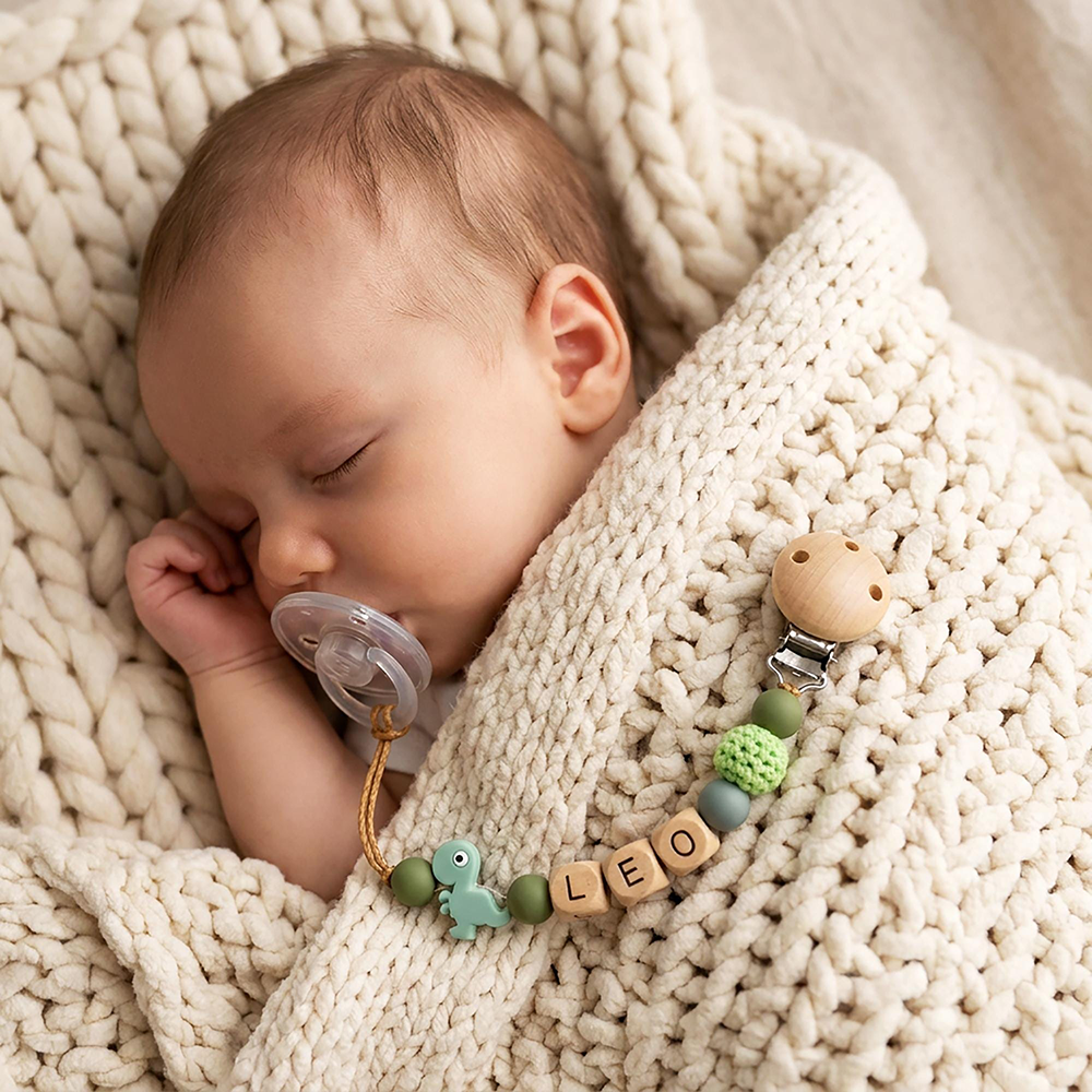Personalized Baby Wooden Dinosaur Pacifier Clip | CWToy192
