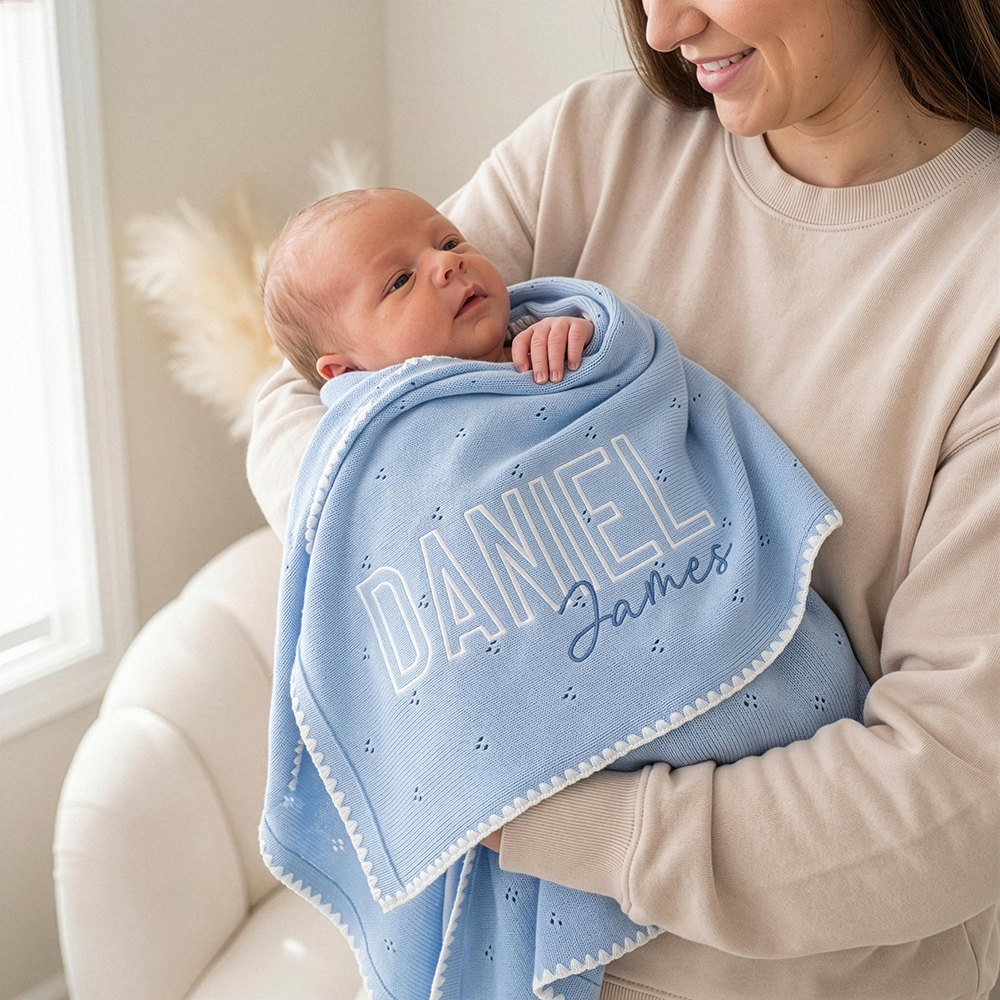 Personalized Embroidered Soft Pointelle Knit Baby Blanket | CWBaby504