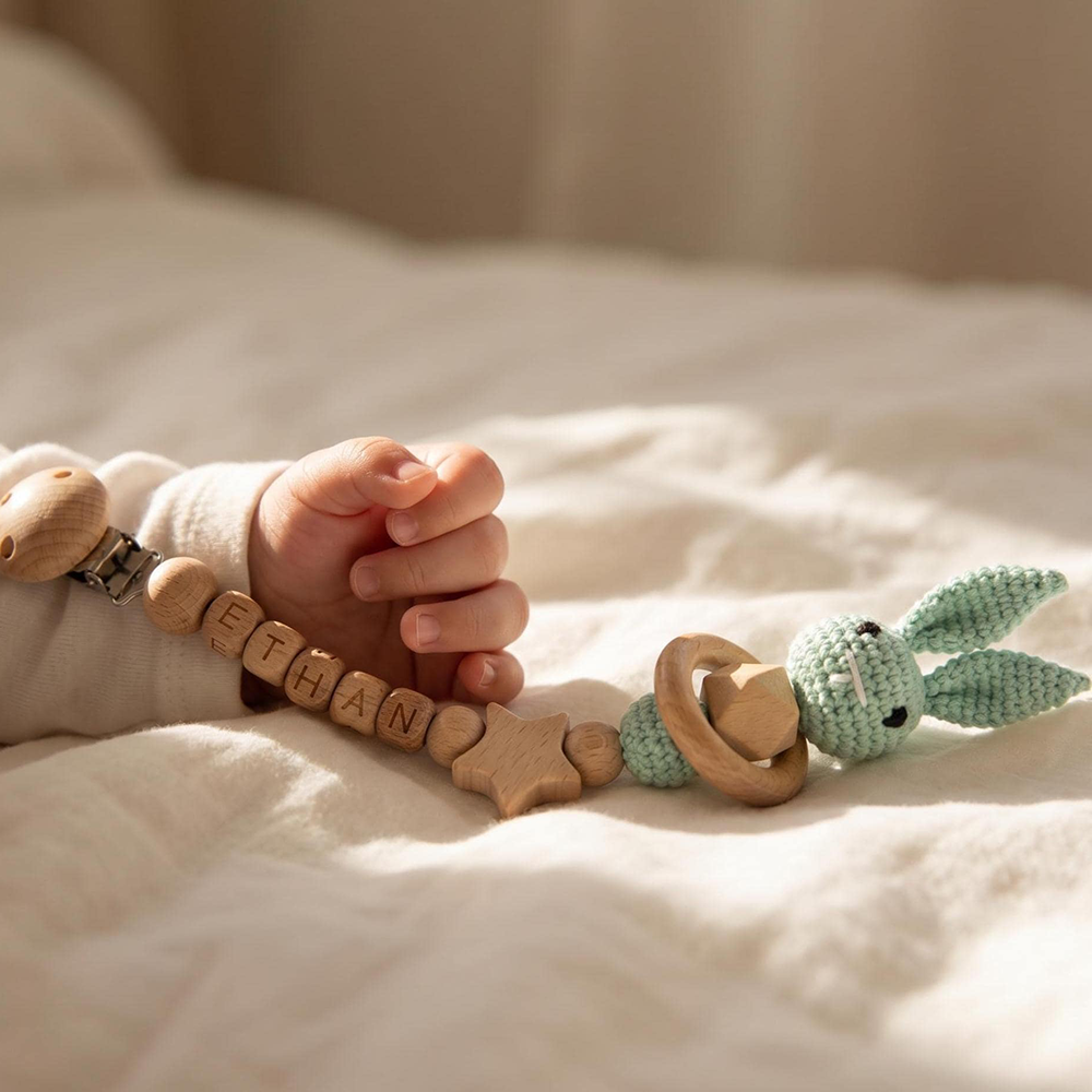 Personalized Bunny Baby Pacifier Wooden Bead Clip | CWToy194