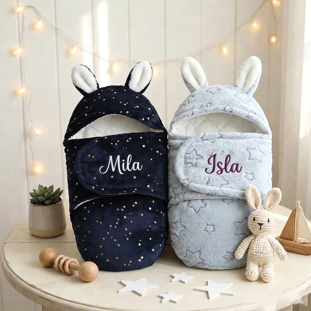 Personalized Baby Flannel Bunny Ear Swaddle Wrap | CWBaby507