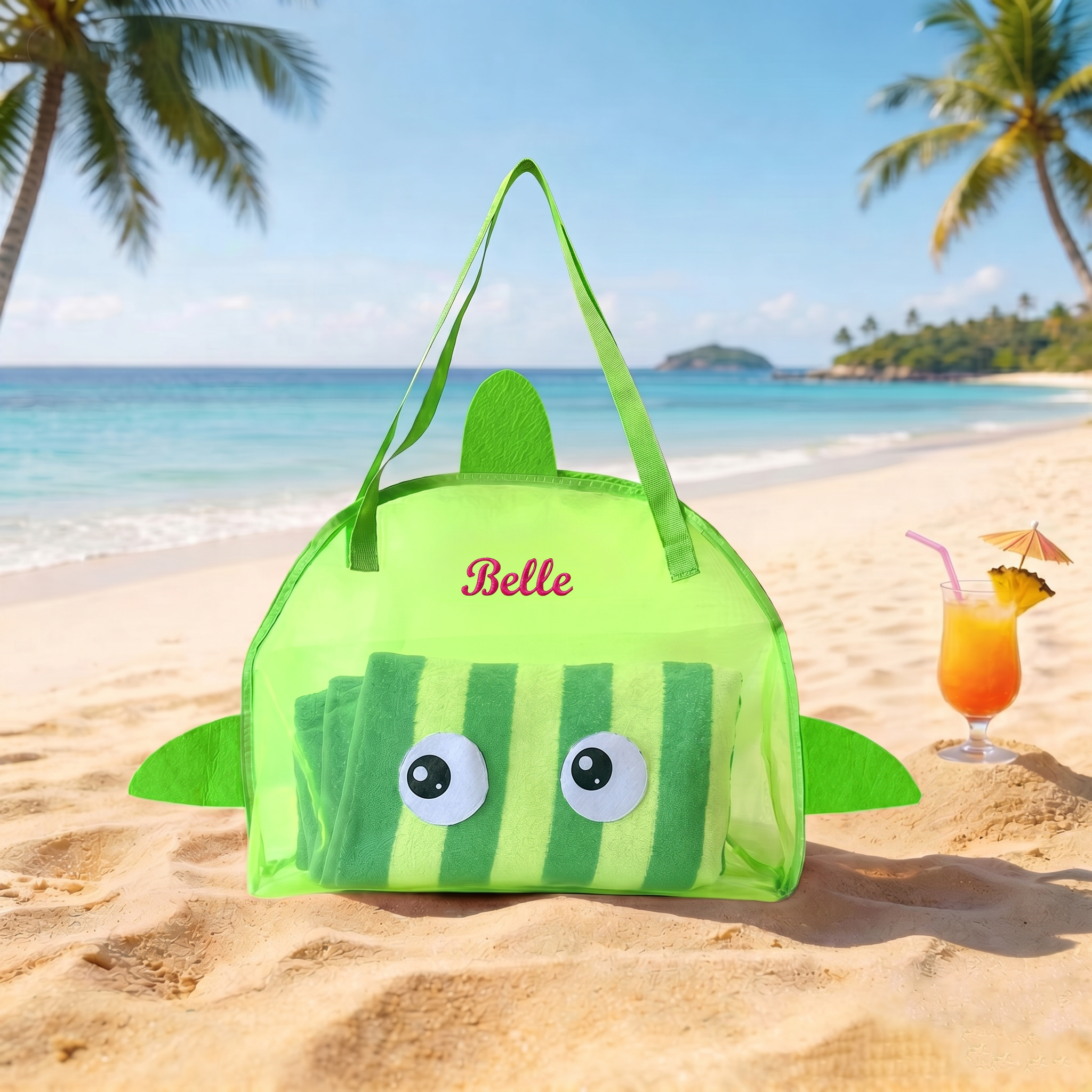 Personalized Embroidered Seashell Zipper Mesh Beach Bag | CWBeach256